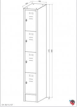 Stahl-Fächer-Schrank -1 Abteil, 4 Fächer übereinander, auf Sockel. Anzahl der Fächer: 4, Fächer ohne Inneneinteilung. Abteilbreite 300 mm