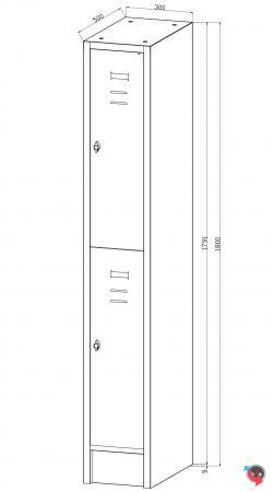Stahl-Fächerschrank - 1 Abteil, 2 Fächer übereinander, auf Sockel. Anzahl der Fächer: 2 Abteilbreite 300 mm.